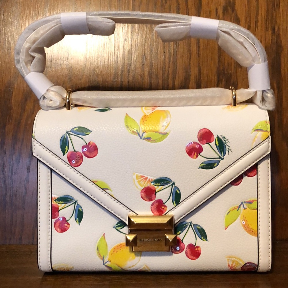 NWT-Michael Kors-Whitney-Medium Sequined Fruit🍒Print🍋ShoulderBag-OpticWhite-$628